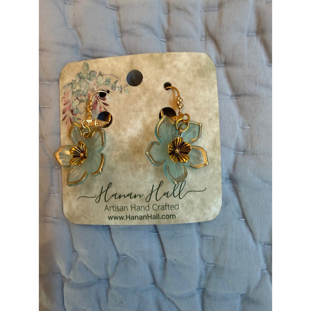 Hanan Hall Artisan Hand Crafted Blue Floral Gold Tone Drop Earrings Lever Back